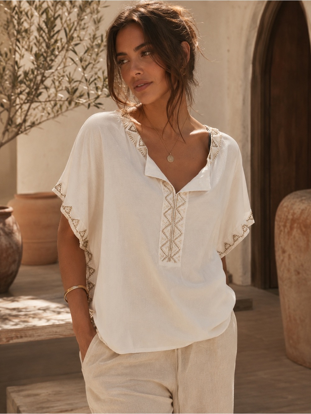 997. Boho Embroidered V-Neck Linen Top in Cream